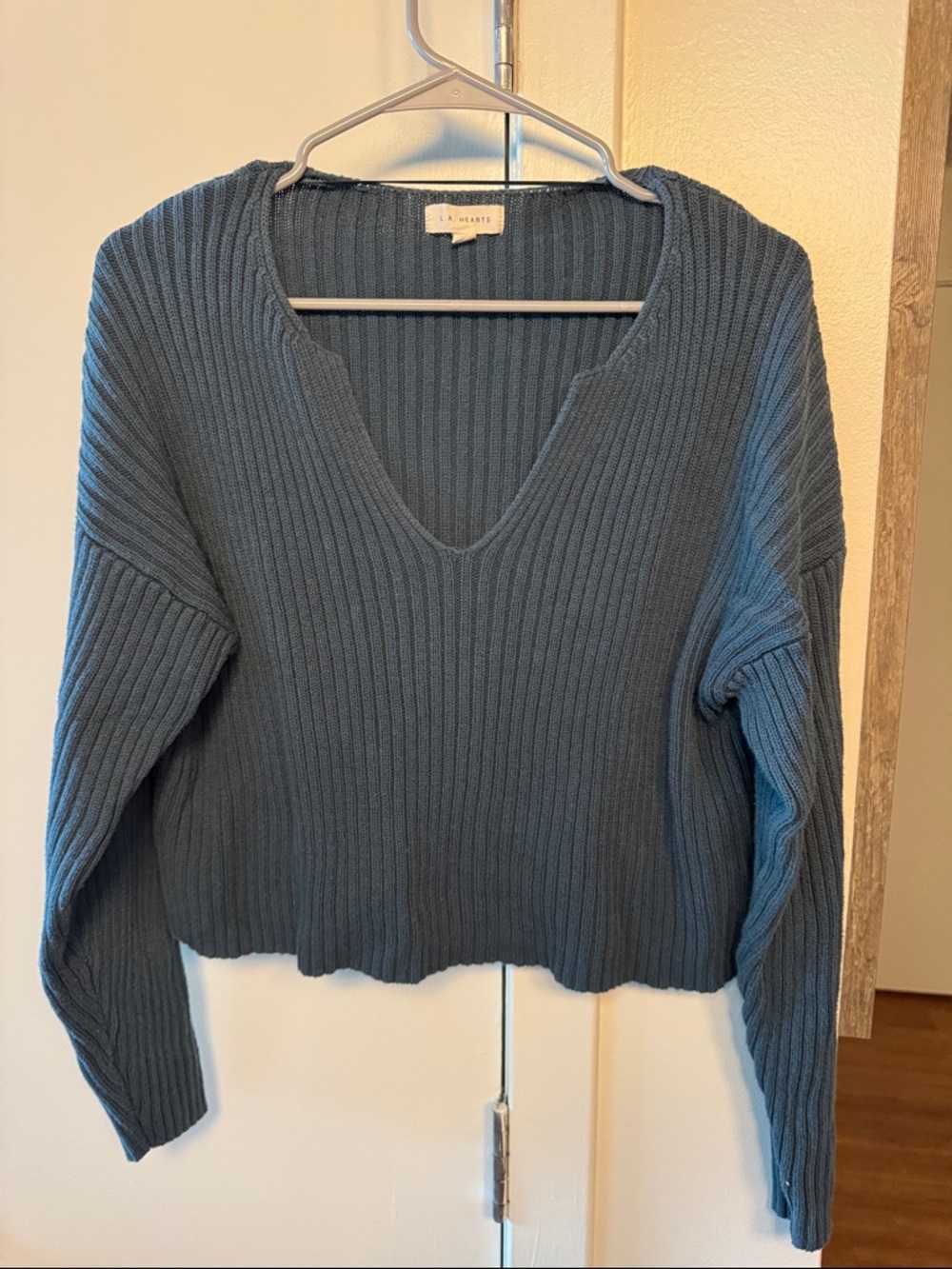 LA Hearts Teal-Blue Ribbed V-Neck Sweater